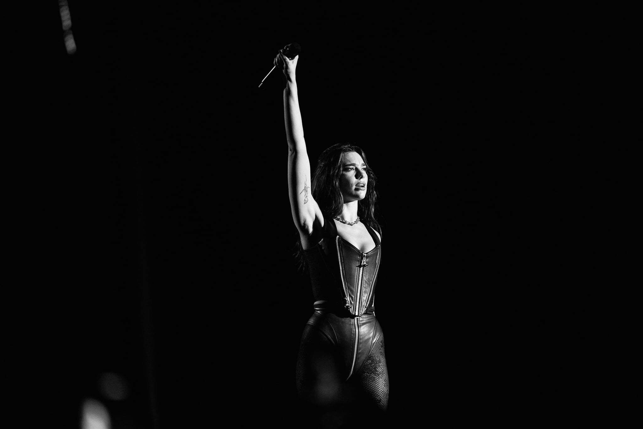 Dua Lipa headlining ACL Fest 2024, Zilker Park Austin TX — black and white editorial concert photography by Chauncey Scott