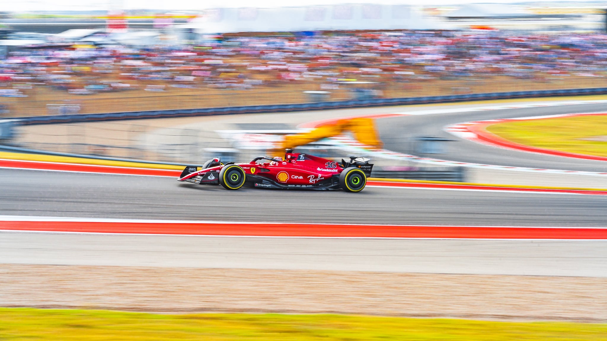 Charles Leclerc #16 Scuderia Ferrari F1-75 at speed through Circuit of the Americas, F1 United States Grand Prix Austin TX 2022 — press-credentialed editorial F1 photographer Chauncey Scott